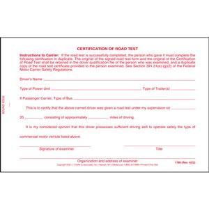 Certification of Road Test Form with Wallet Card