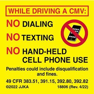 No Dialing/Texting/Hand-Held Cell Phones Label