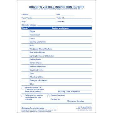 Simplified Driver's Vehicle Inspection Report - Vertical Format, 3-Ply, w/Carbon, Snap-Out Format - Personalized