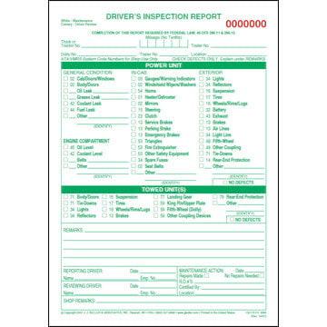 Detailed Driver's Vehicle Inspection Report, w/Carbon, Green Ink, Snap-Out Format - Stock