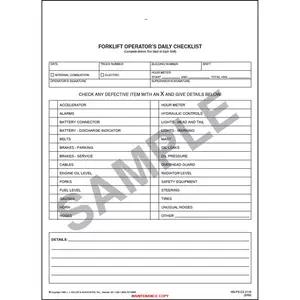 Forklift Operator Daily Checklist - Snap-Out Format, Carbonless