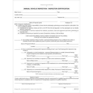 Annual Vehicle Inspection - Inspector Certification Form