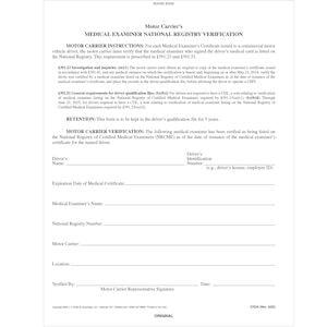 Medical Examiner's National Registry Verification - Snap-Out Format