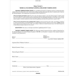 Medical Examiner's National Registry Verification - Snap-Out Format