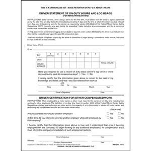 Driver's Statement of On-Duty Hours - New Hire - Snap-Out Format