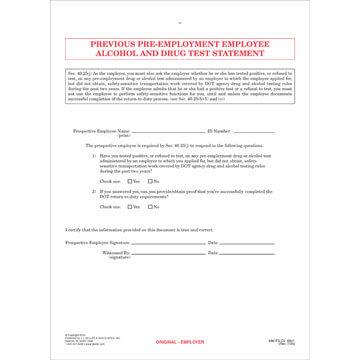 Previous Pre-Employment Employee Alcohol & Drug Test Statement - Snap-Out Format