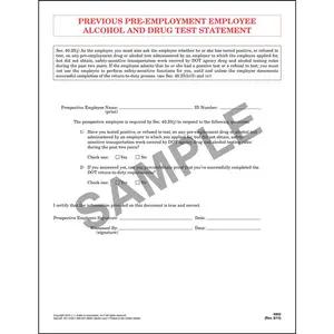 Previous Pre-Employment Employee Alcohol & Drug Test Statement - Padded Format