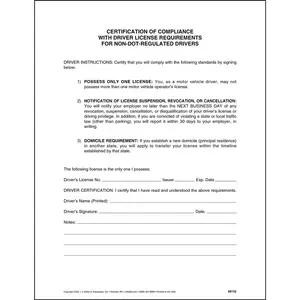 Driver's Certification of Compliance for Non-DOT-Regulated Drivers