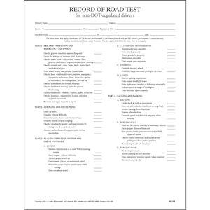 Record of Road Test for Non-DOT-Regulated Drivers