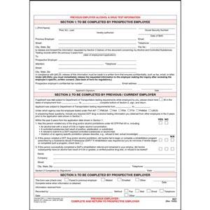 Previous Employer Alcohol & Drug Test Information - Snap-Out Format
