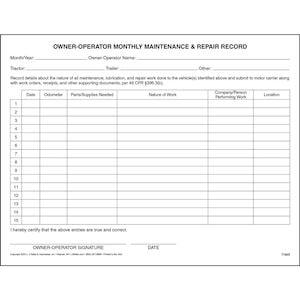 Owner-Operator Maintenance and Repair Monthly Recap Form