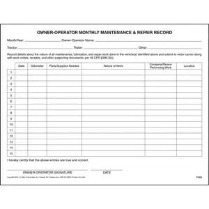 Owner-Operator Maintenance and Repair Monthly Recap Form