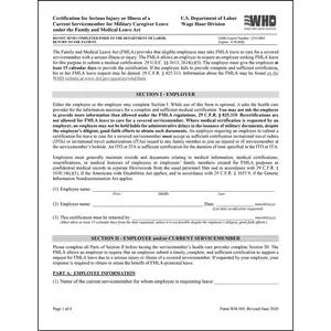 FMLA Certification for Serious Injury or Illness of a Current Service Member for Military Caregiver Leave – Form WH-385