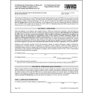 FMLA Certification for Serious Injury or Illness of a Veteran for Military Caregiver Leave – Form WH-385-V