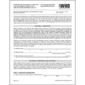 FMLA Certification for Serious Injury or Illness of a Veteran for Military Caregiver Leave – Form WH-385-V