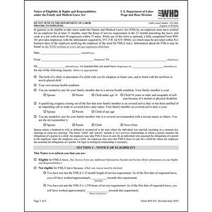 FMLA Notice of Eligibility & Rights and Responsibilities Under the Family and Medical Leave Act – Form WH-381