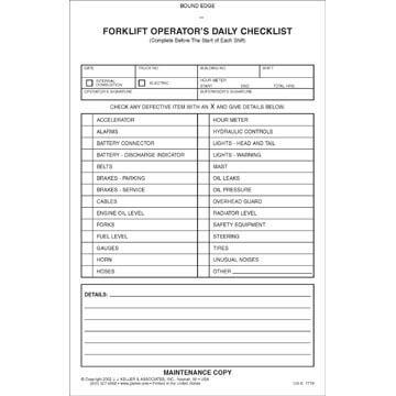 Forklift Operator Daily Checklist - Book Format, Carbonless