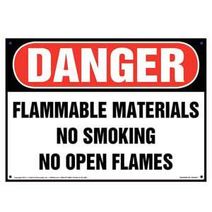 Danger: Flammable Materials, No Smoking/Open Flames Sign - OSHA