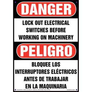 Danger/Peligro: Lockout Electrical Switches Before Working - OSHA Lockout/Tagout Sign