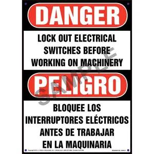 Danger/Peligro: Lockout Electrical Switches Before Working - OSHA Lockout/Tagout Sign