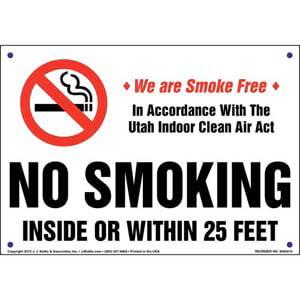 Utah Indoor Clean Air Act: No Smoking Inside or Within 25 Feet Sign