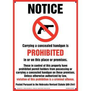 Nebraska Revised Statute:  Concealed Handgun Carry is Prohibited Sign