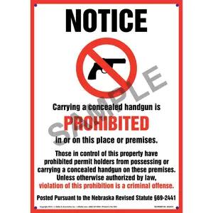 Nebraska Revised Statute:  Concealed Handgun Carry is Prohibited Sign