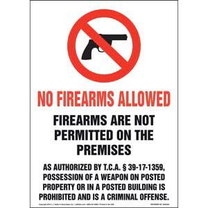 Tennessee: Firearms Are Not Permitted On The Premises Sign