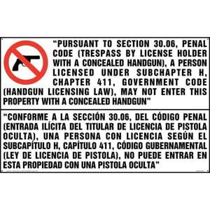 Texas: No Entry to Property with Concealed Handgun Sign (30.06) (Bilingual)