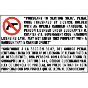 Texas: No Entry to Property with Openly Carried Handgun Sign (30.07) (Bilingual)