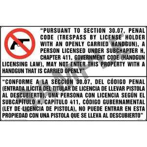 Texas: No Entry to Property with Openly Carried Handgun Sign (30.07) (Bilingual)