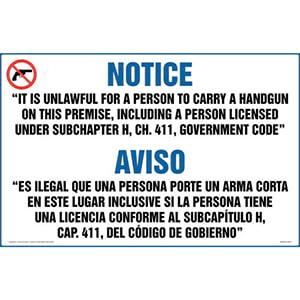 Texas: Licensed or Unlicensed Possession of Weapon on Premises is a Felony Sign (411.204) (Bilingual)