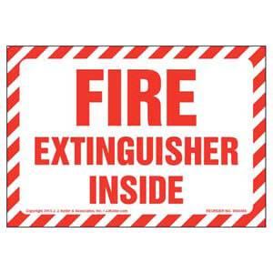 Fire Extinguisher Inside Label - Red Text on White, Striped Border