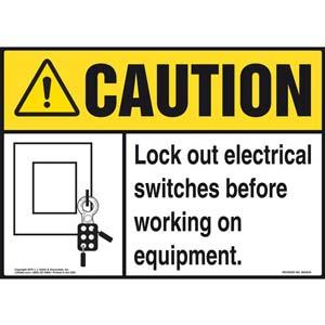 Caution: Lock Out Switches Before Working On Equipment - ANSI Sign
