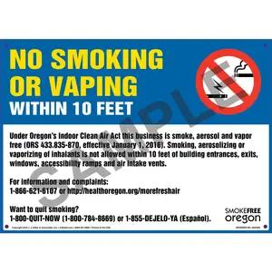 Oregon: No Smoking or Vaping Within 10 Feet Sign