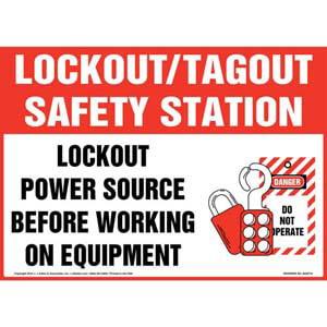Lockout/Tagout Safety Station Lockout Power Source Before Working On Equipment With Graphic Sign