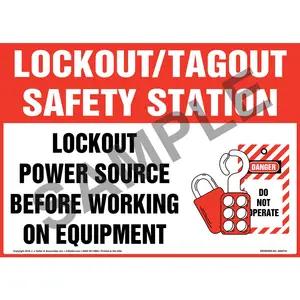 Lockout/Tagout Safety Station Lockout Power Source Before Working On Equipment With Graphic Sign