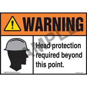 Warning: Head Protection Required Beyond This Point With Graphic - ANSI Sign