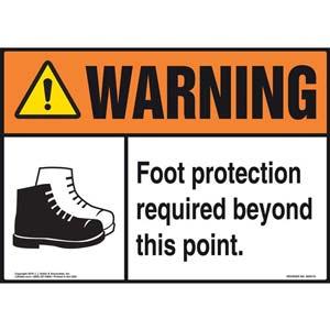 Warning: Foot Protection Required Beyond This Point With Graphic - ANSI Sign