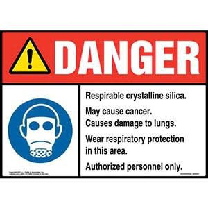 Danger: Respirable Crystalline Silica Sign - ANSI, Facepiece Respirator Icon