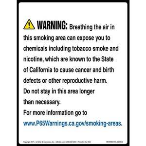 California Prop 65 Warning Sign: Smoking Area Contains Chemicals Known to Cause Cancer/Reproductive Harm