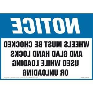 Notice: Wheels Must Be Chocked... Sign - OSHA, Mirror Image