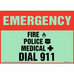 Emergency: Fire, Police, Medical Dial 911 Sign - Glow In The Dark