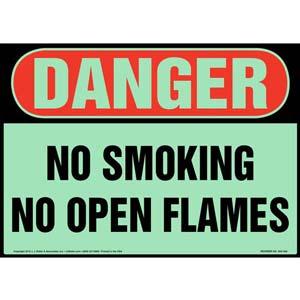 Danger: No Smoking/Open Flames Sign - OSHA, Glow In The Dark