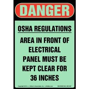 Danger: OSHA Regulations, Electrical Panel Must Be Kept Clear Sign - Glow In The Dark