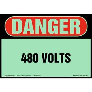 Danger: 480 Volts Label - OSHA, Glow In The Dark
