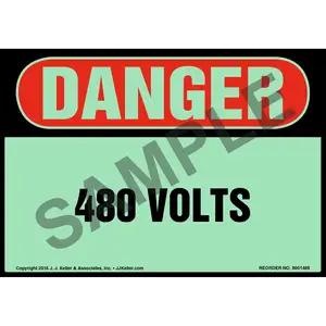 Danger: 480 Volts Label - OSHA, Glow In The Dark