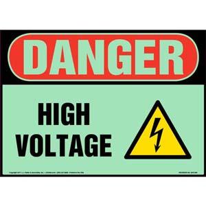 Danger: High Voltage Sign with Icon - OSHA, Glow In The Dark