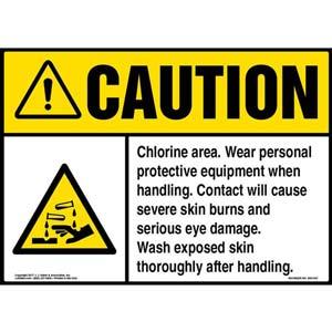 Caution: Chlorine Area Sign with GHS Corrosion Icon - ANSI