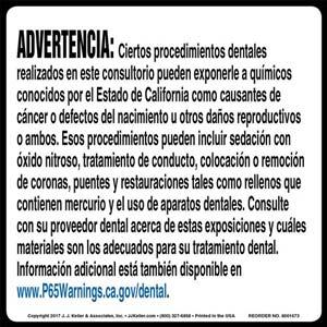 California Prop 65: Dental Procedure Warning Label - Spanish
